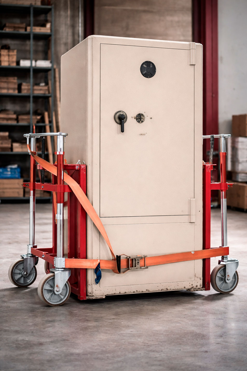 Cassaforte pesante trasportata su carretto con ruote per movimentazione sicura